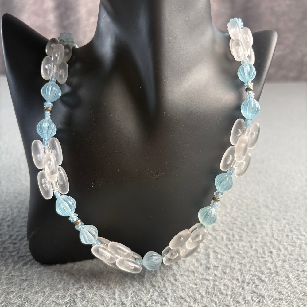 Vintage Frosted Clear and Light Blue Glass Beaded Necklace with Box Clasp 27in